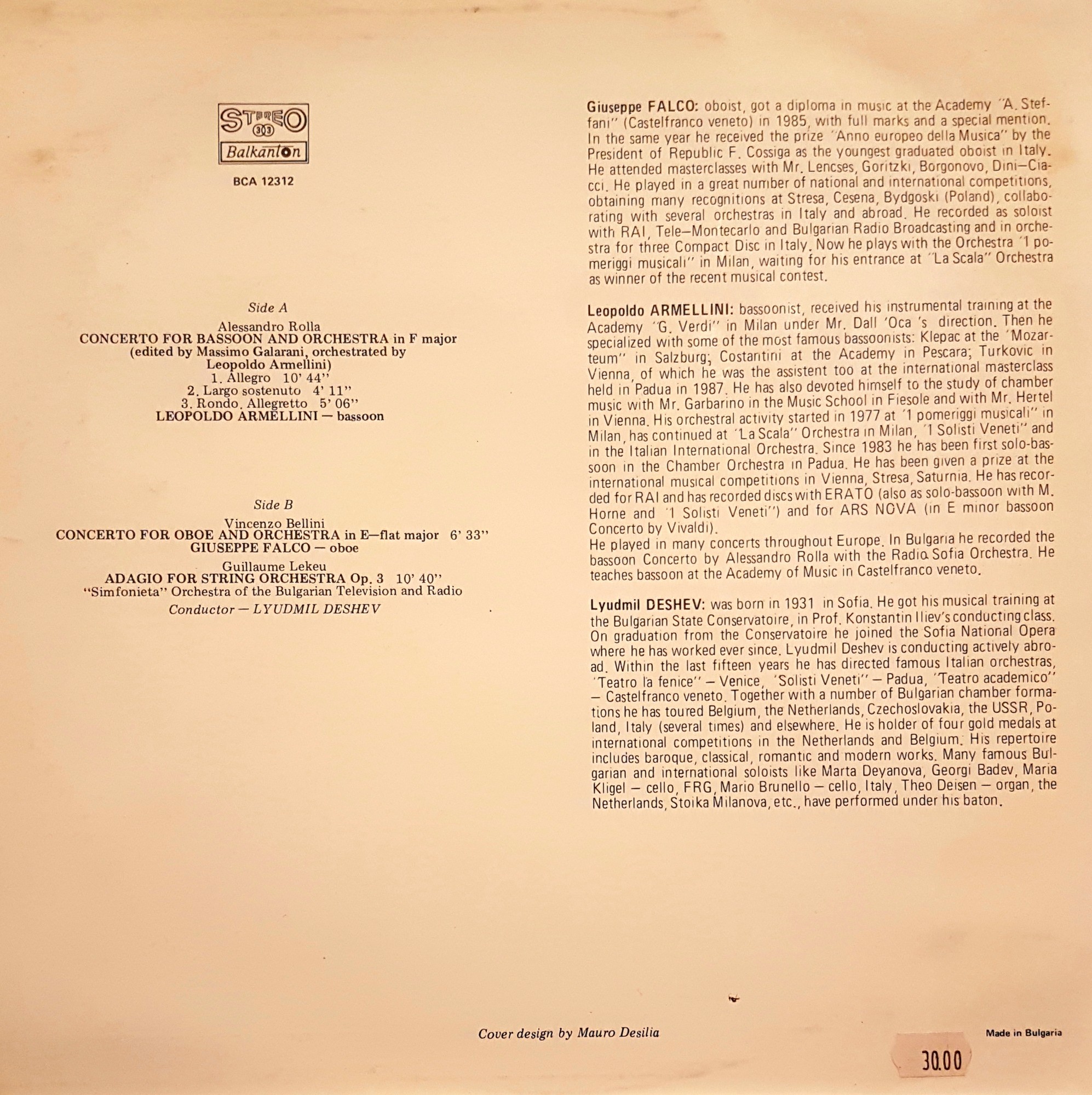 Leopoldo Armelini - bassoon, Giuseppe Falco - oboe